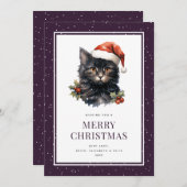 Black Cat Holly Berries Snow Joyeux Noël Carte (Devant / Derrière)