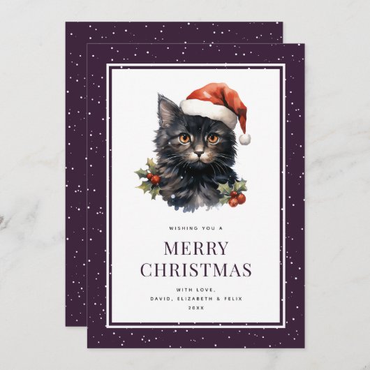 Black Cat Holly Berries Snow Joyeux Noël Carte (Devant / Derrière)