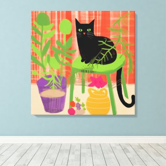 Black Cat Houseplants Canvas Afdruk (Insitu (Houten vloer))