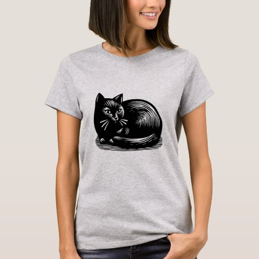 Black Cat houtsnede stijl T-shirt (Voorkant)