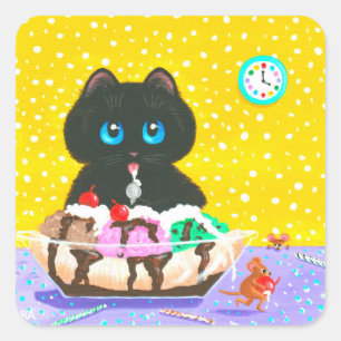 Black Cat Ice Cream Creationarts Square Sticker