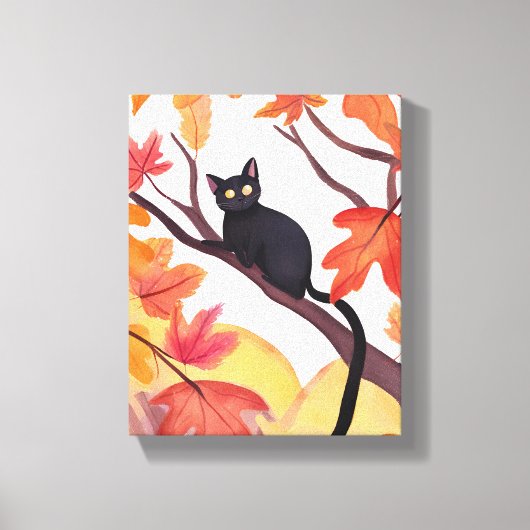 Black Cat in a Tree | Fall Autumn Spooky Cute Canvas Afdruk (Voorkant)