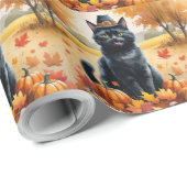 Black Cat in Autumn verlaat Thanksgiving Cadeaupapier (Rol Hoek)