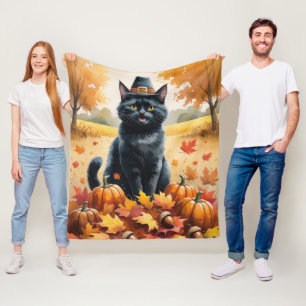 Black Cat in Autumn verlaat Thanksgiving Fleece Deken