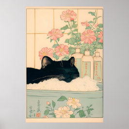 Black Cat in Bathtub Japanese Bathroom Print