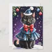 Black Cat in Christmas Blue Cape Flat Vakantie Kaa Feestdagenkaart (Voorkant)