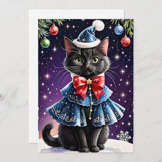 Black Cat in Christmas Blue Cape Flat Vakantie Kaa Feestdagenkaart (Voorkant / Achterkant)
