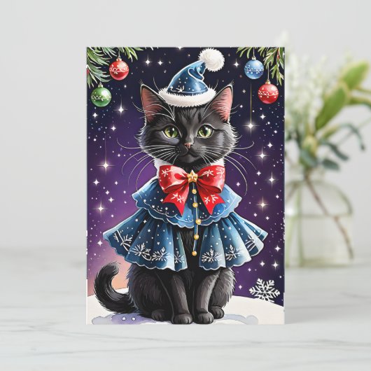 Black Cat in Christmas Blue Cape Flat Vakantie Kaa Feestdagenkaart (Staand voorkant)