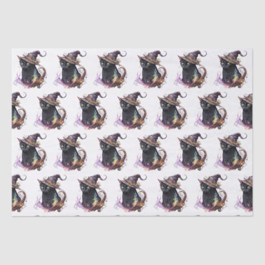 Black Cat in een heks Pet Wit Halloween Tissuepapier (Voorkant)