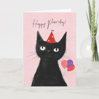 black cat in party hat funny purrday birthday card kaart