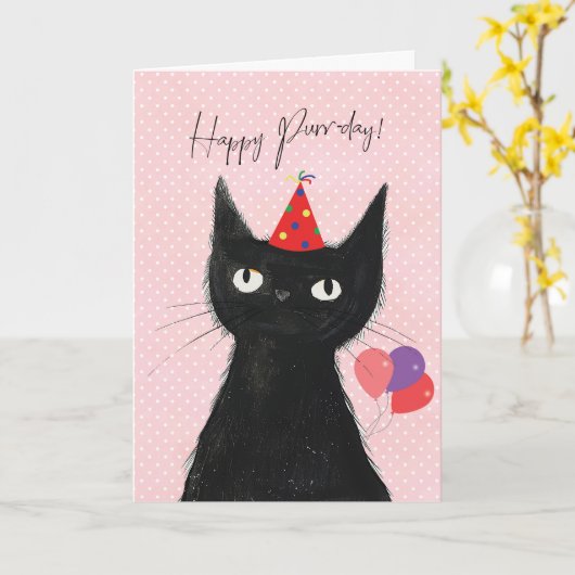 black cat in party hat funny purrday birthday card kaart (Gele Bloem)