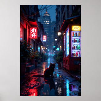 Black cat in urban alleyway at night with vibrant poster