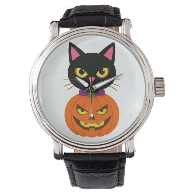 Black Cat & Jack-O'-Lantern Halloween Spooky Horloge (Voorkant)