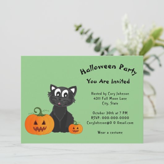 Black Cat Jack o' Lantern Pumpkin Halloween Party Kaart (Staand voorkant)