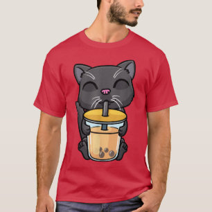 Black Cat Kawaii Drinking Bubble Tea Milk Boba Men T-shirt