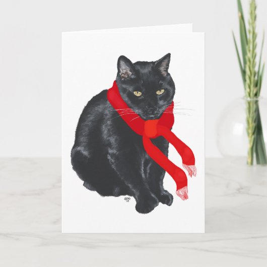 Black Cat Keeping Warm met Kerstmis Feestdagen Kaart (Voorkant)