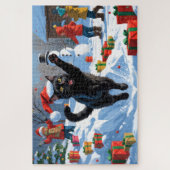 Black Cat Kerstfeest Sneeuwscène Legpuzzel (Verticaal)