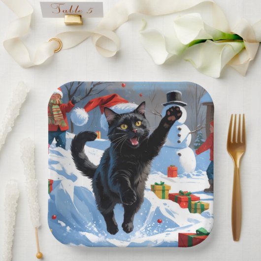 Black Cat Kerstfeest Sneeuwscène Papieren Bordje (Huwelijk)