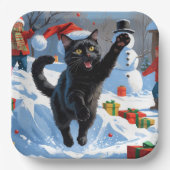 Black Cat Kerstfeest Sneeuwscène Papieren Bordje (Voorkant)