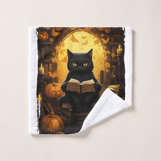 Black Cat Lecture Livres Citrouille Automne Enseig (Gant de toilette)