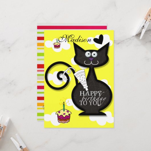 Black Cat Meow Bonne Invitation Anniversaire (Devant/Arrière en situation)