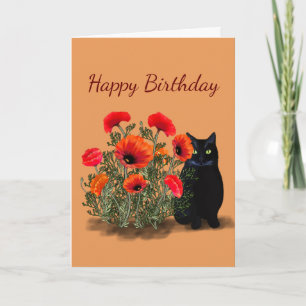 Black Cat met Poppies Verjaardag Kaart