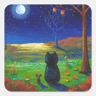 Black Cat Moon Fall blaast Creationarts Vierkante Sticker