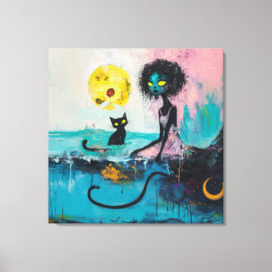 Black Cat Moon Ocean Pink Magical Witchy AI Art Canvas Afdruk