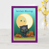 Black Cat Moon Samhain Blessings Wenskaart Kaart (Gele Bloem)