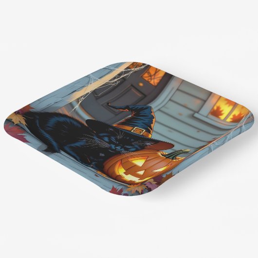Black Cat Napping on Pumpkin Halloween Papieren Bordje (Gebogen)