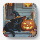 Black Cat Napping on Pumpkin Halloween Papieren Bordje (Voorkant)