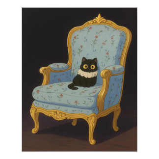 Black Cat on Blue Floral Armchair Foto Afdruk