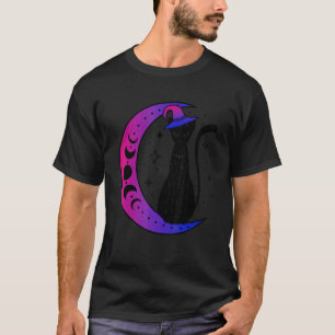 Black Cat on crescent moon bisexuality bi Pride fl T-shirt