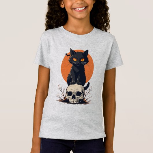 Black Cat on Skull Halloween T-shirt (Voorkant)