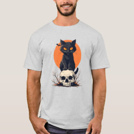 Black Cat on Skull Halloween T-shirt