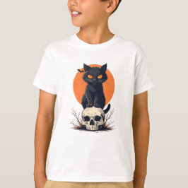 Black Cat on Skull Halloween T-shirt