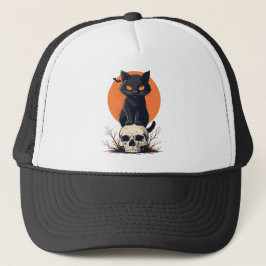 Black Cat on Skull Halloween Trucker Pet