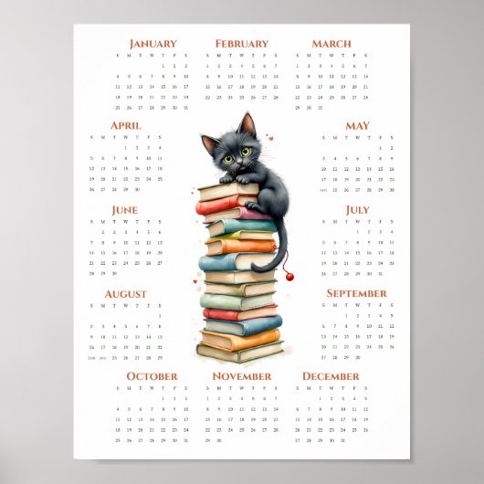 Black Cat on Vintage Books 2026 One-Page Calendar Poster (Voorkant)