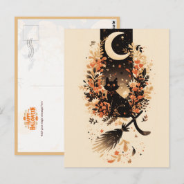 Black Cat on Witch’s Broom Under the Moon Briefkaart