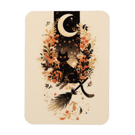 Black Cat on Witch’s Broom Under the Moon Magneet