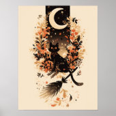 Black Cat on Witch’s Broom Under the Moon Poster (Voorkant)