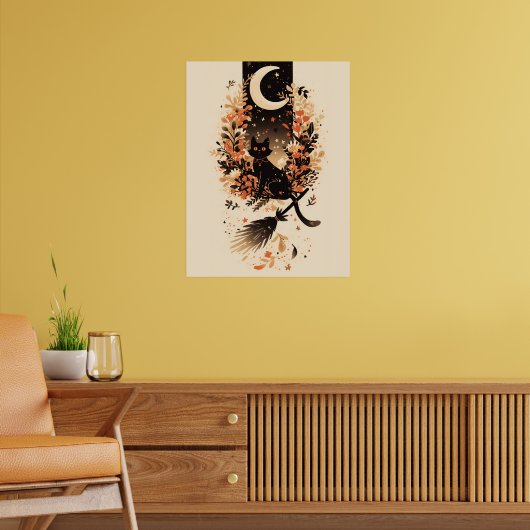 Black Cat on Witch’s Broom Under the Moon Poster (Woonkamer 2)