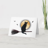 Black Cat op Broomstick Halloween Kaart (Voorkant)