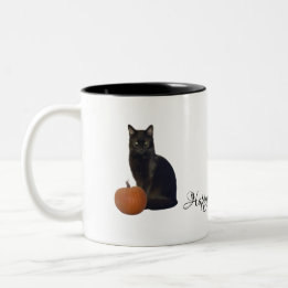 Black Cat Oranje Pumpkins Happy Halloween in White Tweekleurige Koffiemok