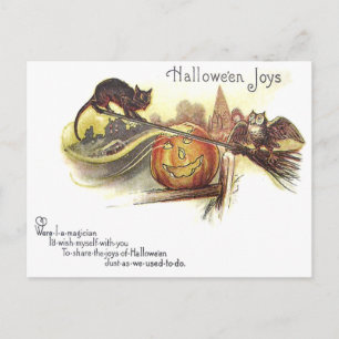 Black Cat Owl Jack O' Lantern Witch's Broom Briefkaart