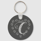 Black Cat Paw Print Heart Monogram Sleutelhanger (Voorkant)