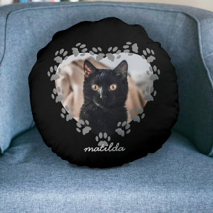 Black Cat Pet Photo Paw Print Round Pillow Rond Kussen