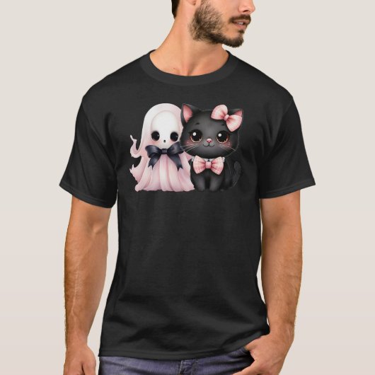 Black Cat Pink Ghost Halloween Pink Bows Coquette T-shirt (Voorkant)