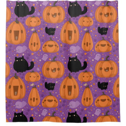 Black cat Pumpkin en Ghost Pattern Douchegordijn (Voorkant)