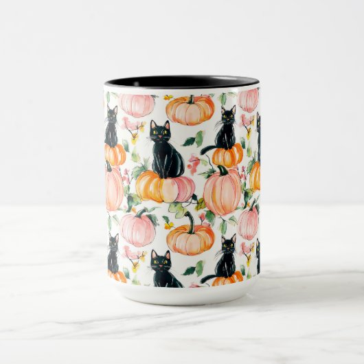 Black Cat & Pumpkin Fall Spooky Halloween Coffee Mok (Midden)